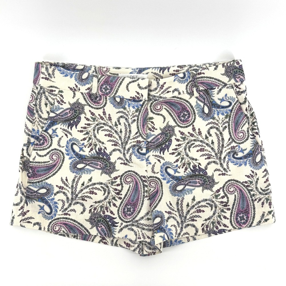 LOFT Riviera Shorts Womens 10 Ivory Purple Paisley Cotton Stretch Boho Preppy